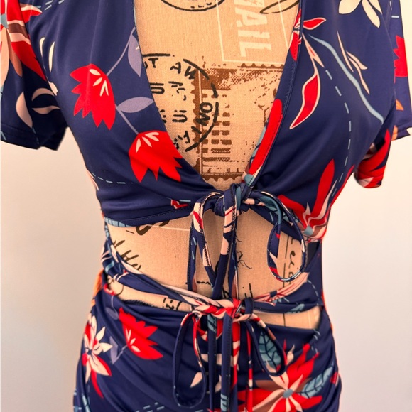 C Brand Blue Dress with Red and White Floral Design - Picture 3 of 5